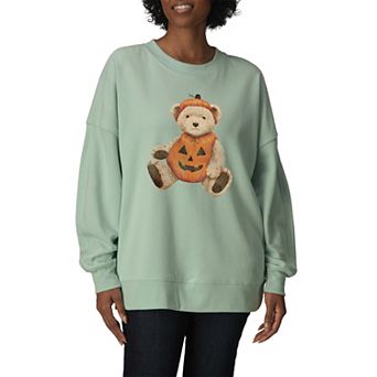 Women's Pumpkin Teddy Bear Oversized Fleece Crew Sweatshirt