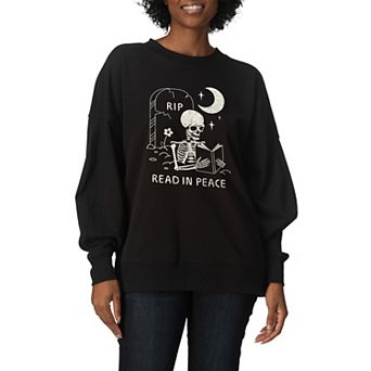 Women's Read In Peace Skeleton Oversized Fleece Crew Sweatshirt
