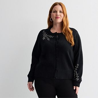 Plus Size Nine West Embellished Long Sleeve Cardigan Sweater