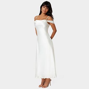 Women's bebe Drape Shoulder Slit Satin Midaxi Dress