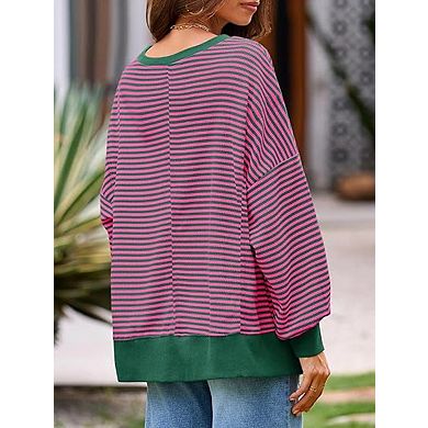 Women Round Neck Split-Hem Pullover Comfortable Brushed Sweatshirt