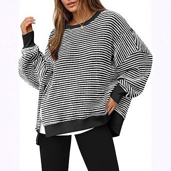 Women Round Neck Split-Hem Pullover Comfortable Brushed Sweatshirt