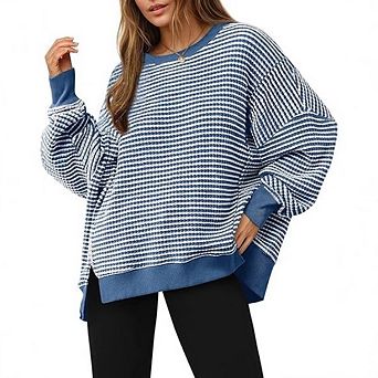 Women Round Neck Split-Hem Pullover Comfortable Brushed Sweatshirt