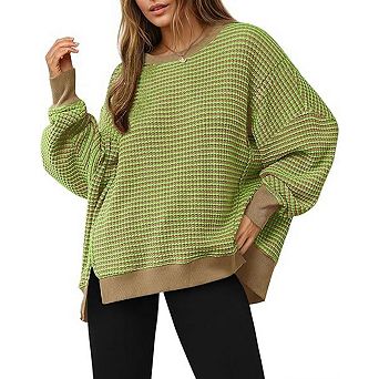 Women Round Neck Split-Hem Pullover Comfortable Brushed Sweatshirt