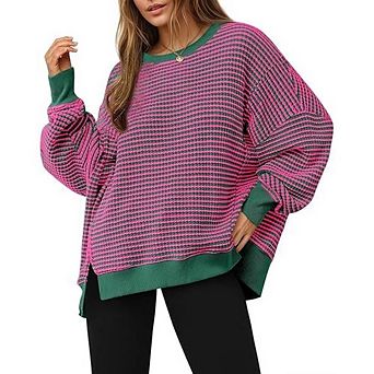 Women Round Neck Split-Hem Pullover Comfortable Brushed Sweatshirt
