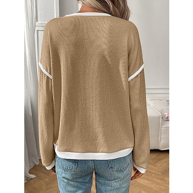 Women's Crewneck Loose Sweatshirt Cute Long Sleeve Ribbed Knit Pullover Tops