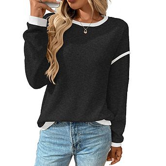 Women's Crewneck Loose Sweatshirt Cute Long Sleeve Ribbed Knit Pullover Tops