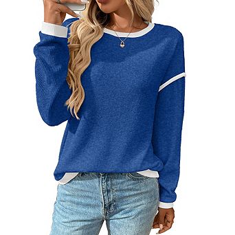 Women's Crewneck Loose Sweatshirt Cute Long Sleeve Ribbed Knit Pullover Tops