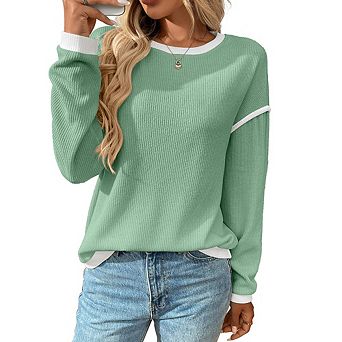 Women's Crewneck Loose Sweatshirt Cute Long Sleeve Ribbed Knit Pullover Tops