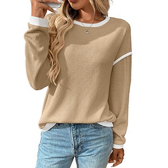Women's Crewneck Loose Sweatshirt Cute Long Sleeve Ribbed Knit Pullover Tops