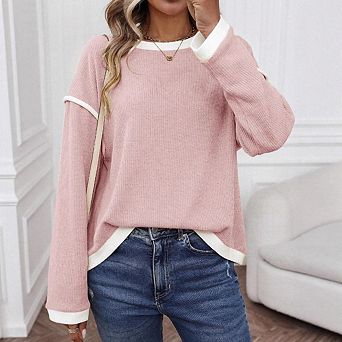 Women's Crewneck Loose Sweatshirt Cute Long Sleeve Ribbed Knit Pullover Tops
