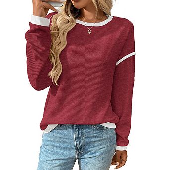 Women's Crewneck Loose Sweatshirt Cute Long Sleeve Ribbed Knit Pullover Tops