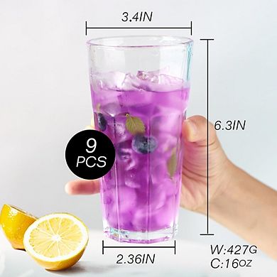 9pc Water & Beverage Glass Set, Heavy Base Drinking Glasses