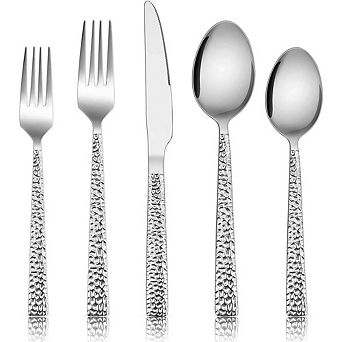Hammered Stainless Steel Flatware Set, Mirror Polished, Dishwasher Safe
