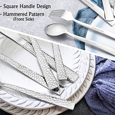 Hammered Stainless Steel Flatware Set, Mirror Polished, Dishwasher Safe