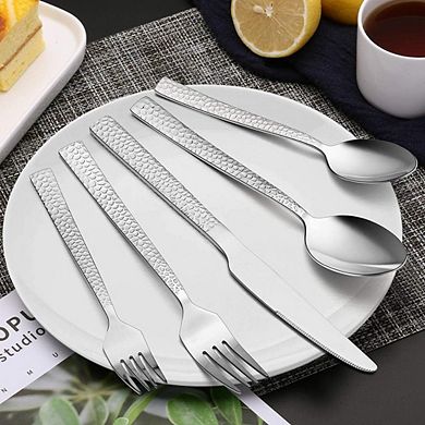 Hammered Stainless Steel Flatware Set, Mirror Polished, Dishwasher Safe