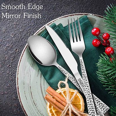 Hammered Stainless Steel Flatware Set, Mirror Polished, Dishwasher Safe