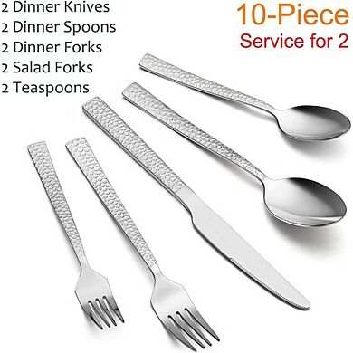 Hammered Stainless Steel Flatware Set, Mirror Polished, Dishwasher Safe