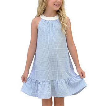 Girls 5-12 Gingham Halter Neck Cotton Dress Ruffle Hem Sundress A Line Summer Short Dresses