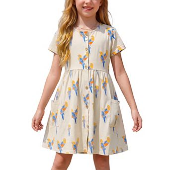 Girls Cotton Dress Print Short Sleeve Button Down Patch Pockets Sundress Kids Casual A-Line Dress