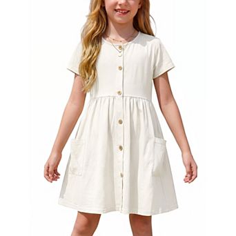 Girls Cotton Dress Print Short Sleeve Button Down Patch Pockets Sundress Kids Casual A-Line Dress
