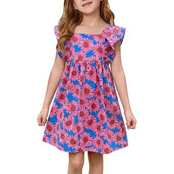 Girls Cotton Flutter Sleeve Sundress A-Line Floral Printed Casual Dress for Toddler Kids Outfit