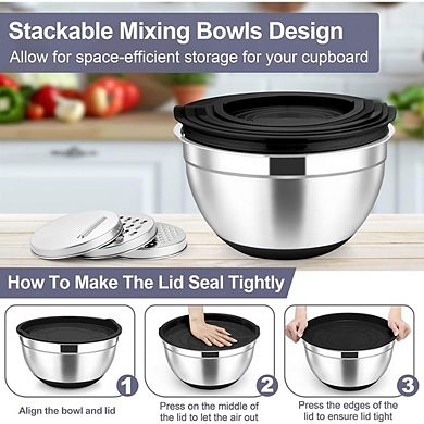 6 Piece Stainless Steel Mixing Bowls with Lids Airtight & Non-Slip