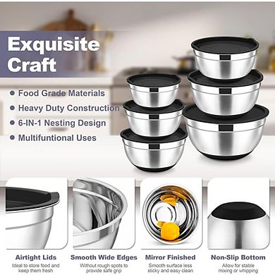 6 Piece Stainless Steel Mixing Bowls with Lids Airtight & Non-Slip