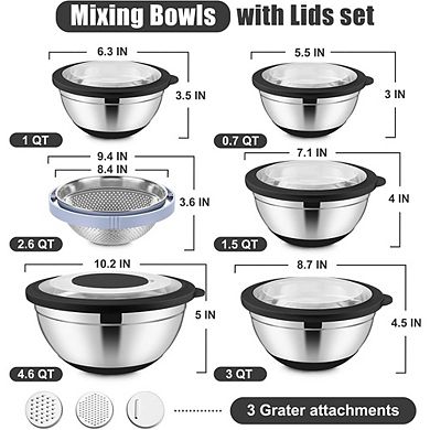 6 Piece Stainless Steel Mixing Bowls with Lids Non-Slip & Dishwasher Safe