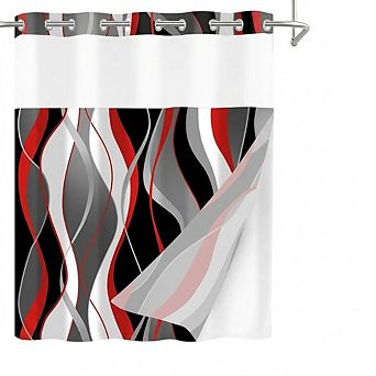Hook Shower Curtain with Liner, Striped Fabric, See-Through Window