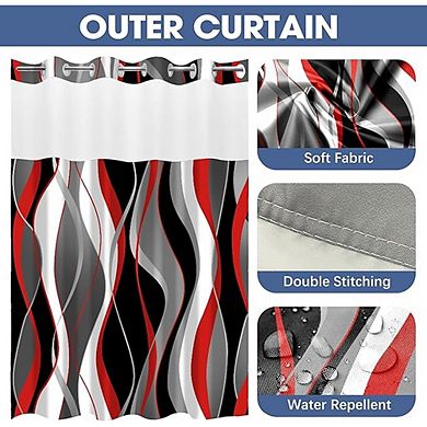 Hook Shower Curtain with Liner, Striped Fabric, See-Through Window