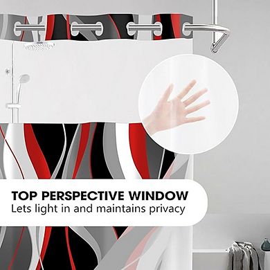 Hook Shower Curtain with Liner, Striped Fabric, See-Through Window