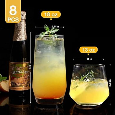 8pc Glassware Set, Highball & Stemless Wine Glasses for Cocktails & Drinks