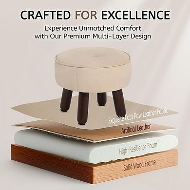 Round Faux Leather Foot Stool Ottoman, Non-Skid Legs, Multi-Use