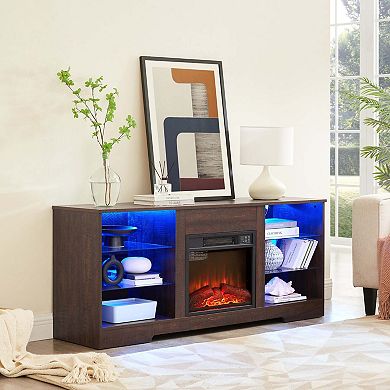 TV Stand Electric Fireplace TV Stand with Glass Shelves