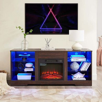 TV Stand Electric Fireplace TV Stand with Glass Shelves