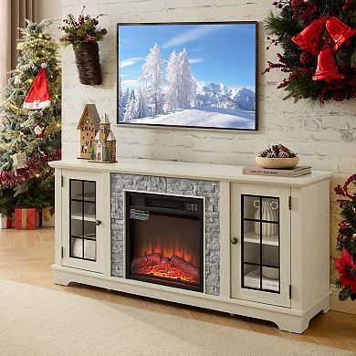 58" Modern TV Stand with 2-Door Storage & 18" Electric Fireplace