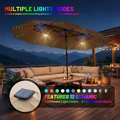 15 ft. Solar Powered Double Head Patio Umbrella with RGB LED Lights