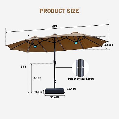 15 ft. Solar Powered Double Head Patio Umbrella with RGB LED Lights