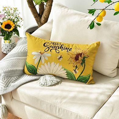 Hello Sunshine Daisy Sunflower Bee Throw Pillow Cover, 12x20 Summer Cushion Decor