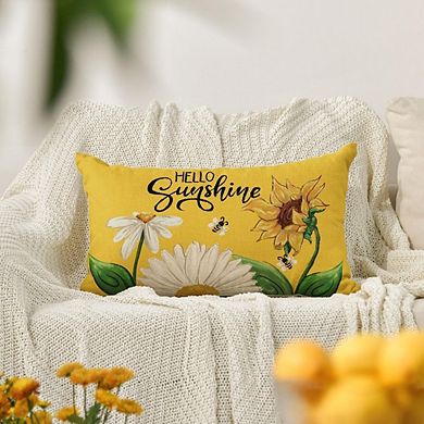 Hello Sunshine Daisy Sunflower Bee Throw Pillow Cover, 12x20 Summer Cushion Decor