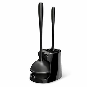 Cheer Collection Bathroom Toilet Plunger and Bowl Brush Set with Holder Dual Use Black