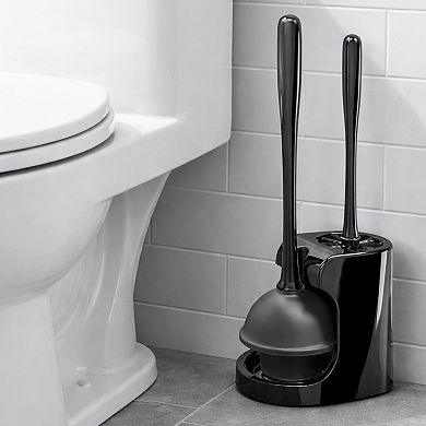 Cheer Collection Bathroom Toilet Plunger and Bowl Brush Set with Holder Dual Use Black