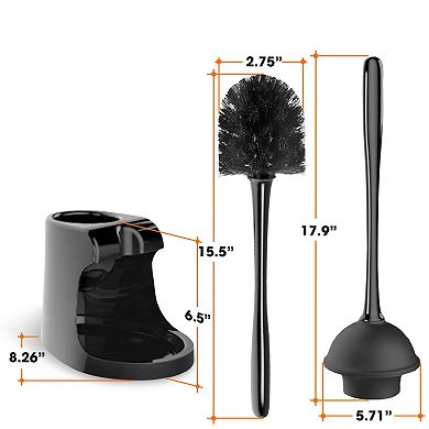 Cheer Collection Bathroom Toilet Plunger and Bowl Brush Set with Holder Dual Use Black