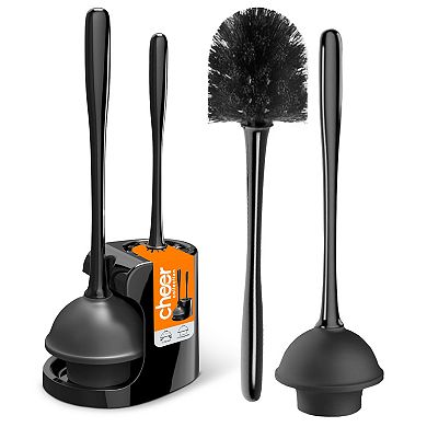Cheer Collection Bathroom Toilet Plunger and Bowl Brush Set with Holder Dual Use Black