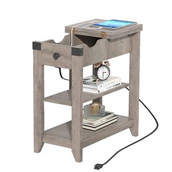 Vabches Farmhouse Narrow End Table with Charging Station and Hidden Storage, Set of 1 or 2, Gray