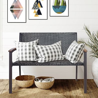 Costway Outdoor Patio Rattan Wicker Bench Loveseat Chair Armrest Garden Deck