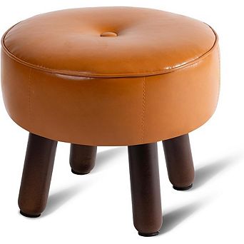 Round Faux Leather Foot Stool Ottoman, Non-Skid Legs, Multi-Use