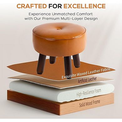 Round Faux Leather Foot Stool Ottoman, Non-Skid Legs, Multi-Use