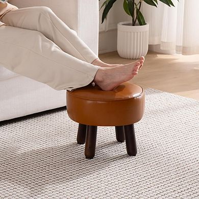 Round Faux Leather Foot Stool Ottoman, Non-Skid Legs, Multi-Use